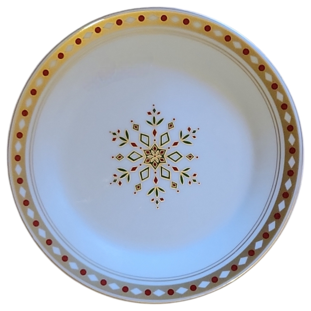 Vtg 2008 Salad Dessert Porcelain Plate Snowflake Gold Red Dot Edge Pier 1 (A)
